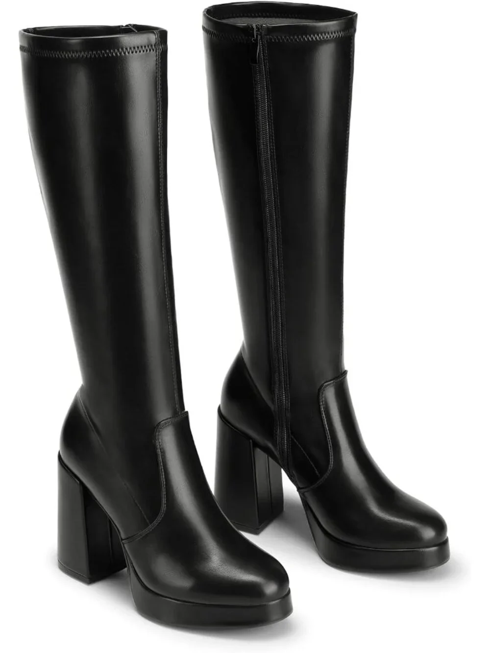 Women's Black Pu Chunky Platform Heel Round Toe Side Zipper Knee High Boots